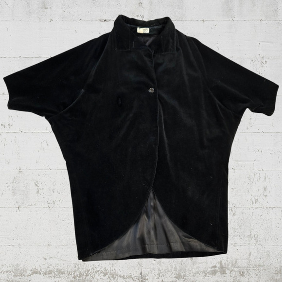 1970s Black Velvet Edwardian Cape Coat Dramatic High Low Smooth Gothic Overcoat - Picture 7 of 8